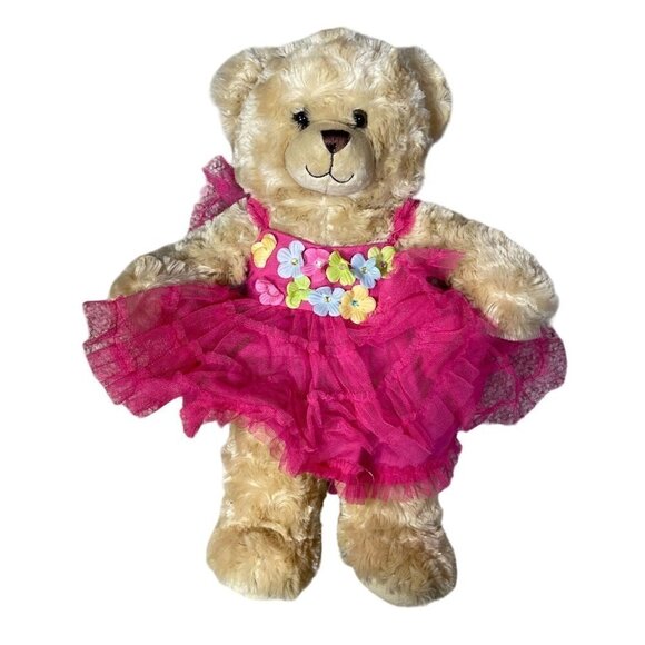 Build A Bear Teddy Bear Pink Daisy Tulle Dress Cream Brown 17" - Picture 1 of 7
